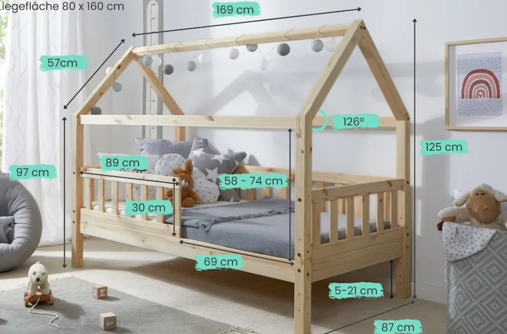TICAA Kinderbett Hausbett "Kay" 80x160 Kiefer natur Clearance