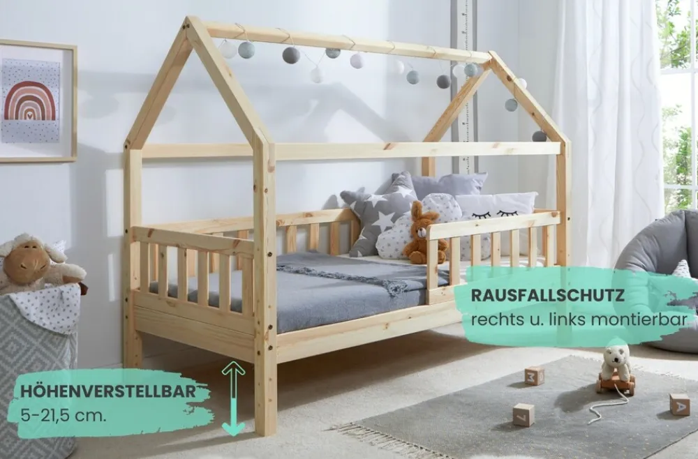 TICAA Kinderbett Hausbett "Kay" 80x160 Kiefer natur Clearance