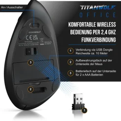 Titanwolf - Maus Vertikal Wireless - ergonomische Funk Vertikalmaus 2,4 Ghz - USB Vertical Mouse - Funkmaus ergonomisches Design - armschonend New