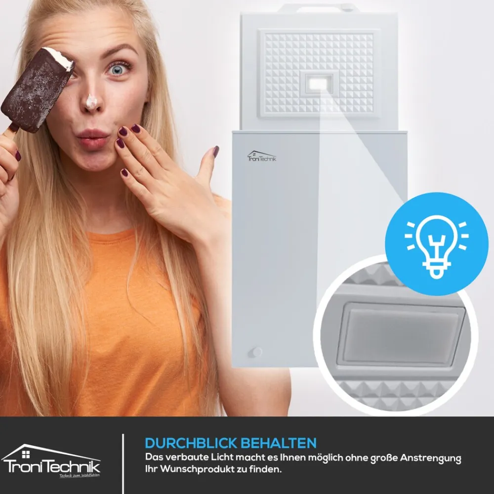 Tronitechnik ® Gefriertruhe Kühltruhe BORGAR PRO mit 2in1 Gefrier- und Kühlfunktion | 110 Liter, 169kwh/Jahr | LED-Licht