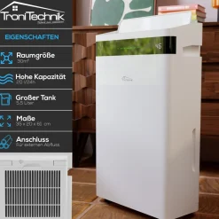 Tronitechnik ® Luftentfeuchter TT-EF-04 bis zu 20l/24h elektrisch, 5,5l Tank, Kompressor, LED, Farblicht, Timer, Ionisator, Auto-Schwenk, für Räume bis 30m² Outlet