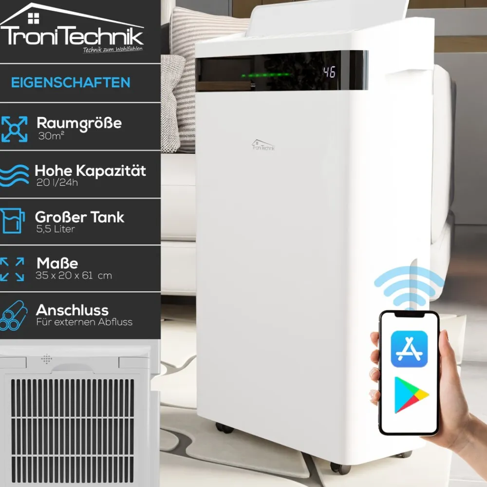 Tronitechnik ® Luftentfeuchter TT-EF 04.1, WiFi steuerbar, 20l/24h, 5,5l Tank, Kompressor, Auto-Swing, Timer, Farb-LED, Ionisator, für Räume bis 30m² Best