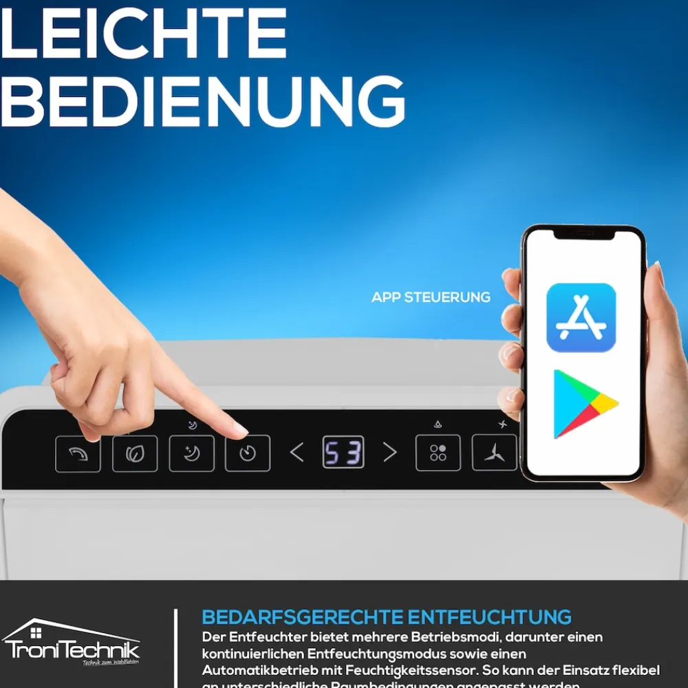 Tronitechnik ® Luftentfeuchter TT-EF 04.1, WiFi steuerbar, 20l/24h, 5,5l Tank, Kompressor, Auto-Swing, Timer, Farb-LED, Ionisator, für Räume bis 30m² Best