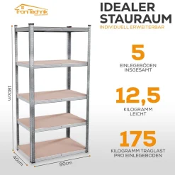 ® Schwerlastregal, Kellerregal, Lagerregal, 40 x 90 x 180 cm, Regal mit Stahlgestell, bis 875 kg, 5 Ablagen ^ Tronitechnik Best