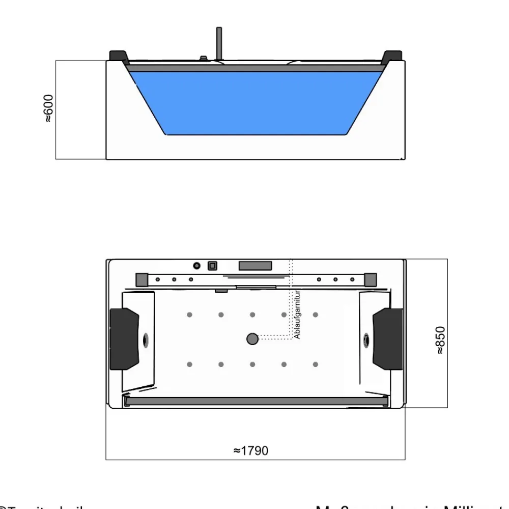 ® Whirlpool Badewanne KOS 2 179cm x 85cm mit Heizung, Hydromassage, Bachlauf und Farblichtherapie, Sanitäracryl ^ Tronitechnik Best