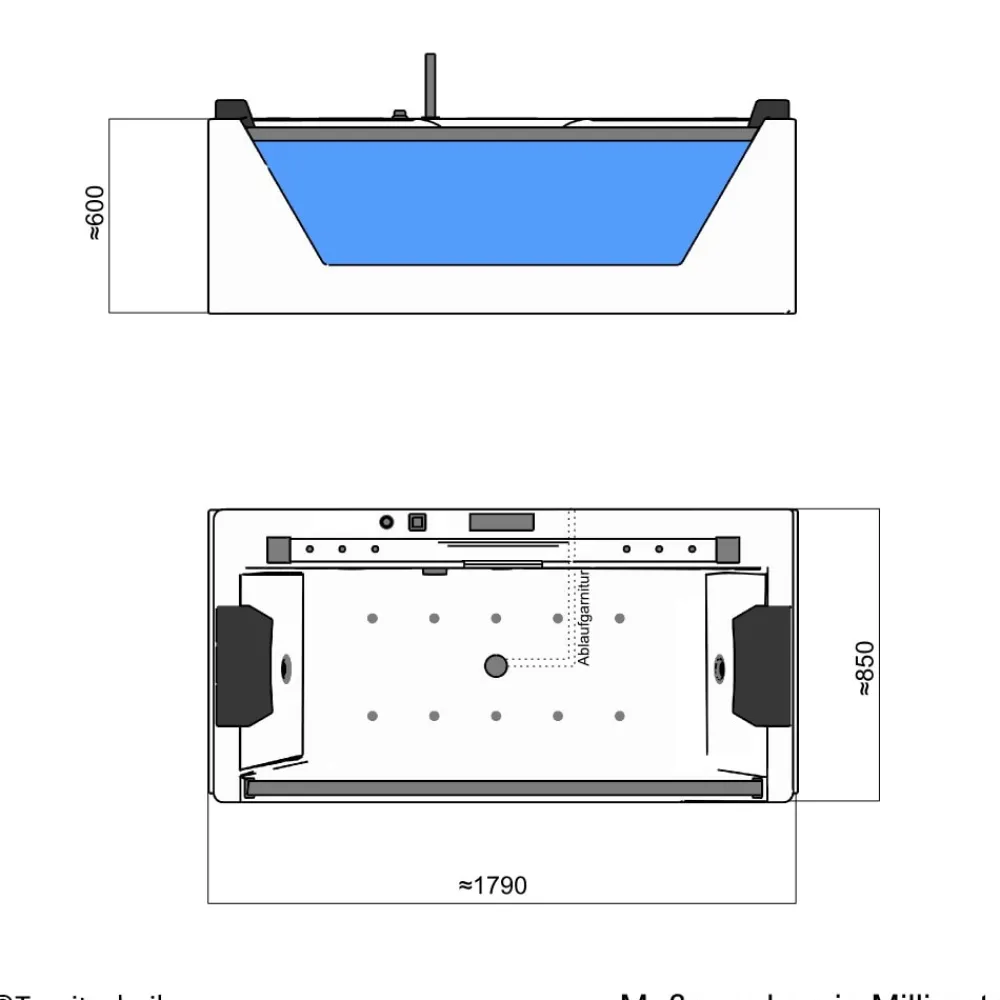 ® Whirlpool Badewanne KOS 2 179cm x 85cm mit Heizung, Hydromassage, Bachlauf und Farblichtherapie, Sanitäracryl ^ Tronitechnik Best