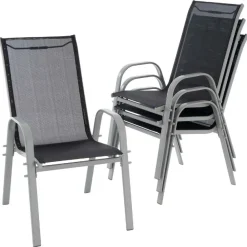 VCM 4er Set Gartenstuhl Stapelstuhl Balkonstuhl Hochlehner | / Rhamen grau |  stappelbar | Maße H. 93 x B. 55 x T. 58 cm Schwarz New