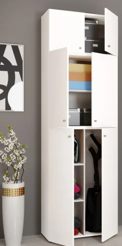 VCM Holz Besenschrank | 6 Fächer | Maße: H. 223 x B. 70 x T. 39 cm | Haushaltsschrank | Mehrzweckschrank | Aufsatz mit zwei Türen - Lona Weiß Online