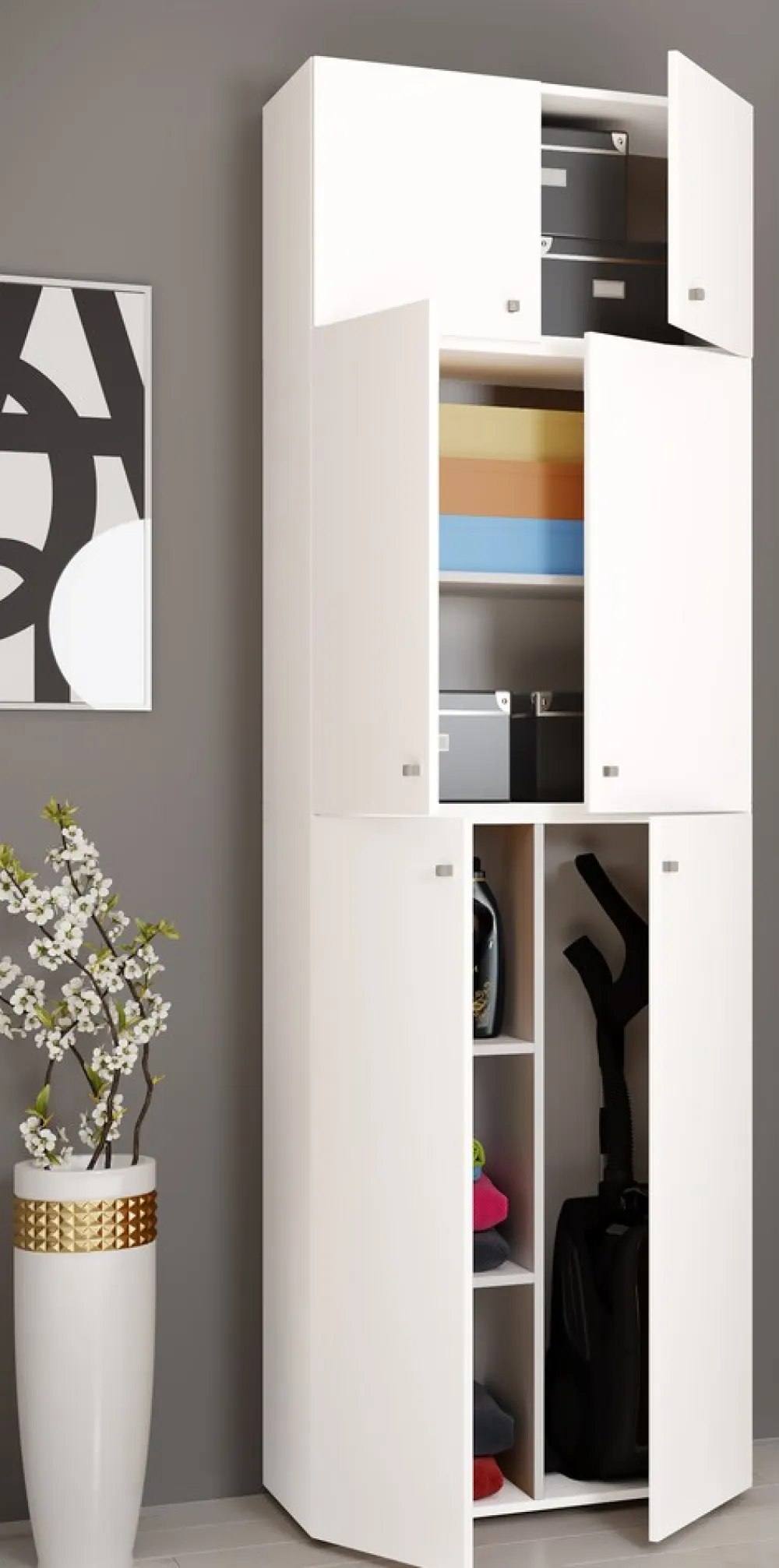 VCM Holz Besenschrank | 6 Fächer | Maße: H. 223 x B. 70 x T. 39 cm | Haushaltsschrank | Mehrzweckschrank | Aufsatz mit zwei Türen - Lona Weiß Online