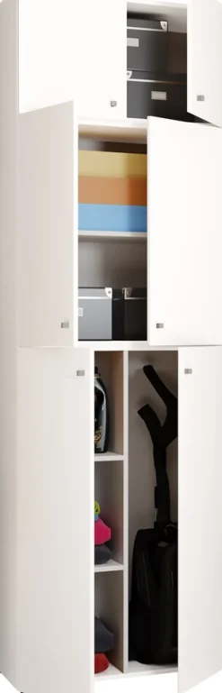 VCM Holz Besenschrank | 6 Fächer | Maße: H. 223 x B. 70 x T. 39 cm | Haushaltsschrank | Mehrzweckschrank | Aufsatz mit zwei Türen - Lona Weiß Online