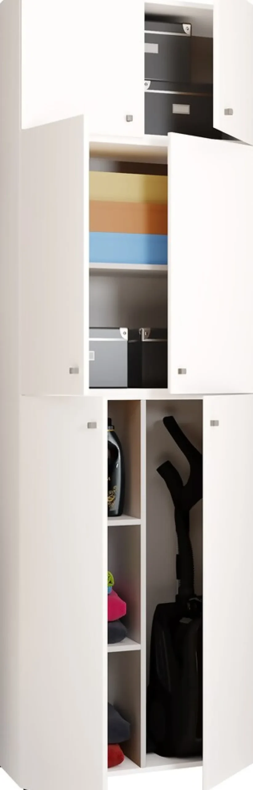 VCM Holz Besenschrank | 6 Fächer | Maße: H. 223 x B. 70 x T. 39 cm | Haushaltsschrank | Mehrzweckschrank | Aufsatz mit zwei Türen - Lona Weiß Online