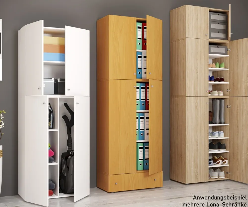 VCM Holz Besenschrank | 6 Fächer | Maße: H. 223 x B. 70 x T. 39 cm | Haushaltsschrank | Mehrzweckschrank | Aufsatz mit zwei Türen - Lona Weiß Online