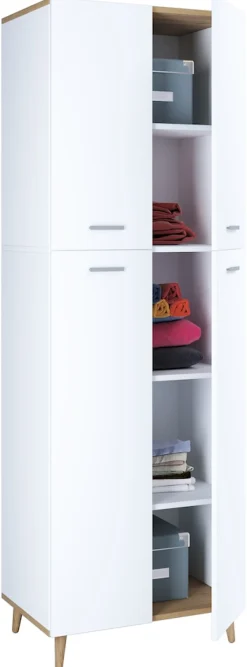 Holz Kleiderschrank | 5 Fächer | Maße: H. 240 x B. 70 x T. 39 cm | 4 Drehtüren | Mehrzweckschrank | - Landos ^ VCM Best