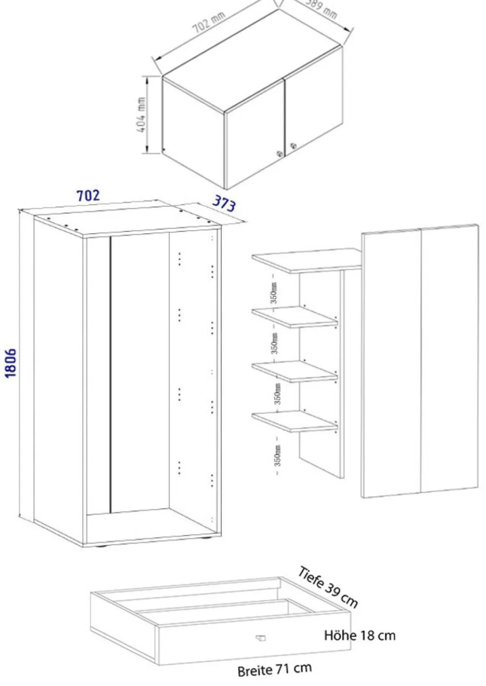 Holz Kleiderschrank | Schrank mit 5 Fächer und Drehtüren | erweiterbar | Maße ca. B. 70 x H. 238 x T. 40 cm - Vandol ^ VCM Clearance