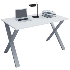 VCM Holz Schreibtisch | H. 76 x B. 140 x T. 80 cm | Computertisch schlicht | Füße aus hochwertigem Metall | Arbeitstisch | Büromöbel - Lona X Silber / Weiß Best