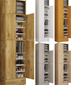Holz-Schuhschrank | Maße: H. 240 x B. 70 x T. 39 cm | Allzweckschrank | 9 Fächer | 4 Drehtüren | Aufsatz mit 2 Türen | extra Schublade – Lona ^ VCM Outlet