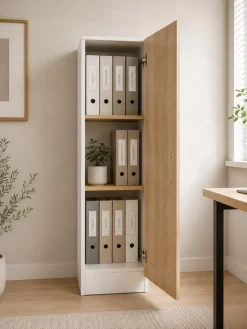 VCM Mehrzweckschrank mit 1 Drehtür, 38 x 114 x 32 cm, Wohnzimmerschrank, Büroschrank und Aufbewahrungsschrank mit 3 Fächer - Dilos Weiß / Honig-Eiche Discount