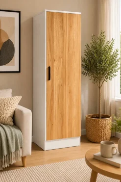 VCM Mehrzweckschrank mit 1 Drehtür, 38 x 114 x 32 cm, Wohnzimmerschrank, Büroschrank und Aufbewahrungsschrank mit 3 Fächer - Dilos Weiß / Honig-Eiche Discount