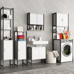 VCM Metall Überbauschrank | Waschmaschine | Maße: . 189 x B. 64 x T. 48 cm | Seitenteile aus Metall |  Korpus und Rückwand aus Holz | 1 große und 2 kleine Ablagen | 2 Drehtüren - Edino Weiß Online