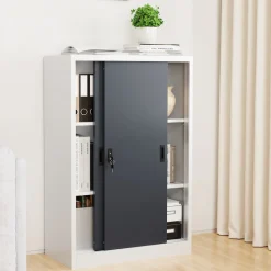 Metall Büroschrank H. 120 x B. 80 x T. 40 cm / Aktenschrank Büromöbel für Ordner / Stahlschrank abschließbar / Schiebetürenschrank Malivo 3 fach mit Schiebetüren ^ VCM Clearance