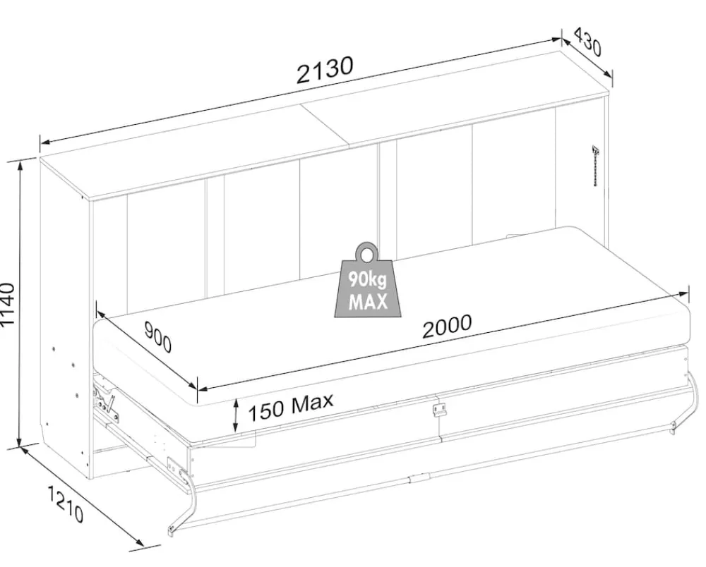 Schrankbett H. 114 x B. 213 x T. 43 cm, Wandklappbett horizontal mit Lattenrost 90x200 cm, Bettschrank, Kommode Smalu ^ VCM Best