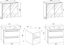 3-tlg. Set | 2 Waschtisch, 2 Spiegelschrank, 2 Waschbecken, 1 Mittelfach | Keramik Waschbecken | Unterschrank 155 cm | Badmöbel Set Doppel Waschplatz - Badinos XXL ^ VCM