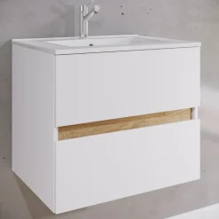 VCM 2-tlg. Waschtisch mit Keramikbecken, Badschrank mit 2 Softclose-Schubladen, Maße Waschplatz Set: H. 51 x B. 61 x T. 47 cm, Cosila-I Weiß / Honig-Eiche Hot