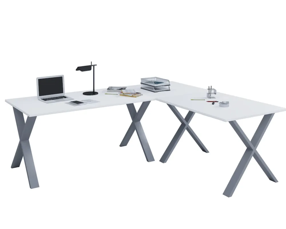 VCM Holz Schreibtisch | Eckschreibtisch schlicht | 160x160 | L Form links oder rechts | Arbeitstisch Platte 80 cm tief | Computertisch Büromöbel - Lona X Silber / Weiß Sale