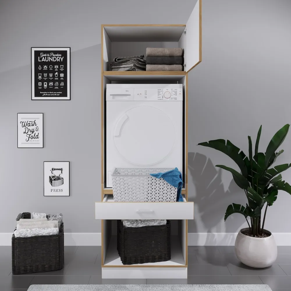 Waschmaschinenschrank mit Unterschrank, Waschmaschinenumbau mit Stauraum hinter einer Klappe und einer Schublade, Maße: Überbauschrank H. 200 x B. 67 x T. 68 cm, Rislo OP XXL ^ VCM Hot