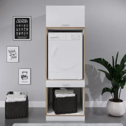 Waschmaschinenschrank mit Unterschrank, Waschmaschinenumbau mit Stauraum hinter einer Klappe und einer Schublade, Maße: Überbauschrank H. 200 x B. 67 x T. 68 cm, Rislo OP XXL ^ VCM Hot