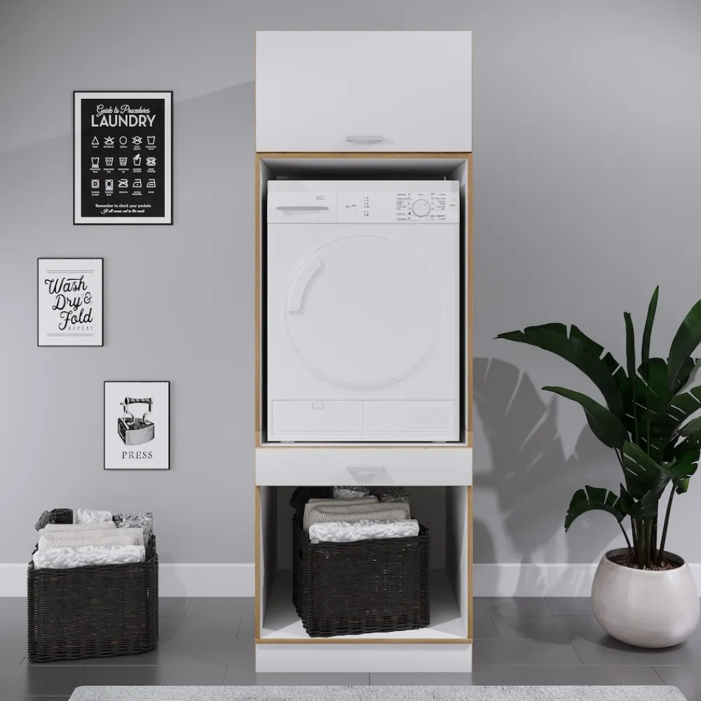 Waschmaschinenschrank mit Unterschrank, Waschmaschinenumbau mit Stauraum hinter einer Klappe und einer Schublade, Maße: Überbauschrank H. 200 x B. 67 x T. 68 cm, Rislo OP XXL ^ VCM Hot