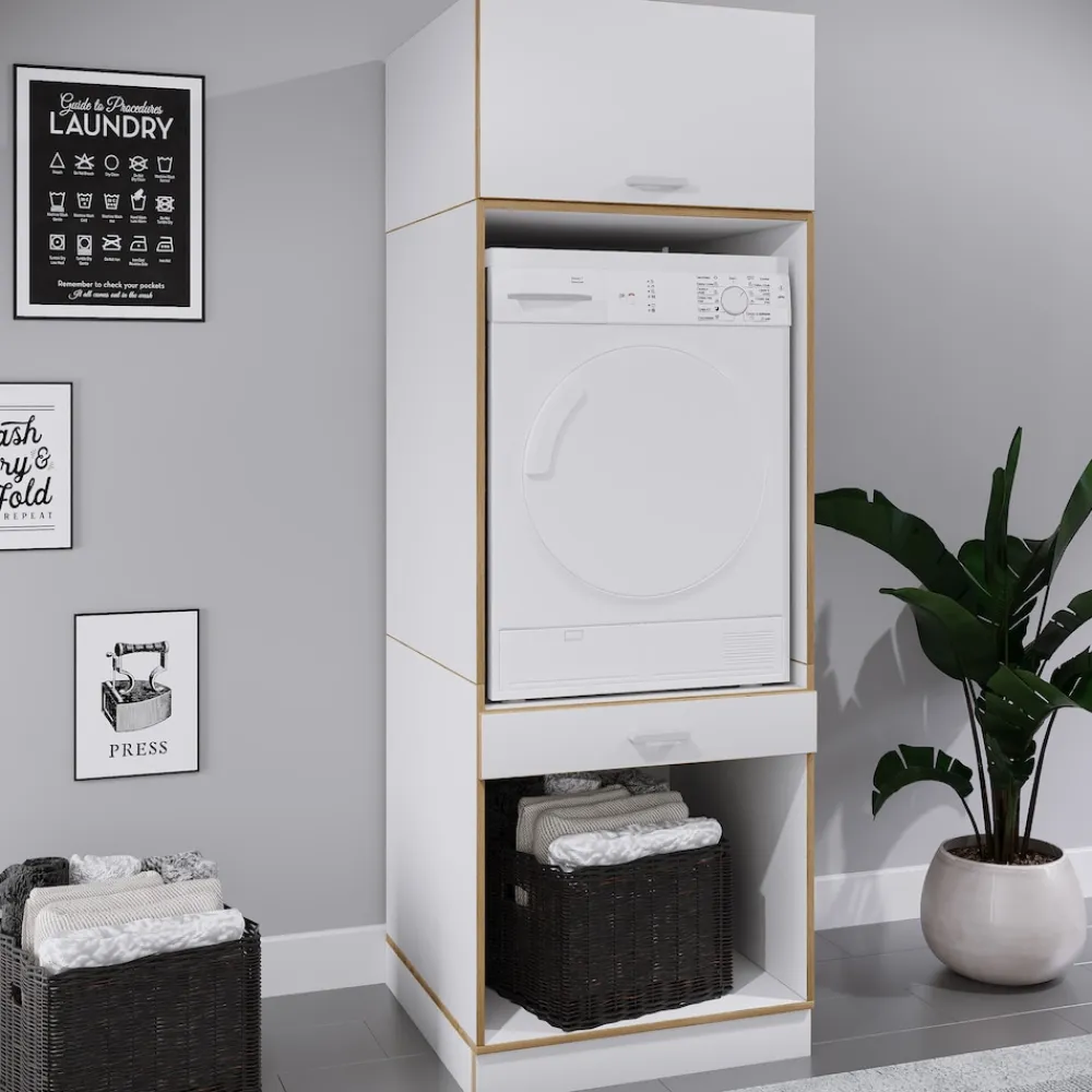 Waschmaschinenschrank mit Unterschrank, Waschmaschinenumbau mit Stauraum hinter einer Klappe und einer Schublade, Maße: Überbauschrank H. 200 x B. 67 x T. 68 cm, Rislo OP XXL ^ VCM Hot