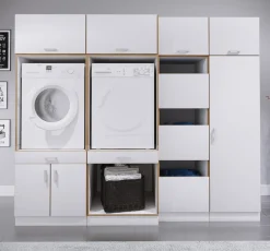 Waschmaschinenschrank mit Unterschrank, Waschmaschinenumbau mit Stauraum hinter einer Klappe und einer Schublade, Maße: Überbauschrank H. 200 x B. 67 x T. 68 cm, Rislo OP XXL ^ VCM Hot