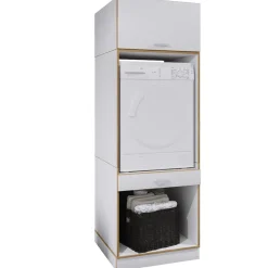 Waschmaschinenschrank mit Unterschrank, Waschmaschinenumbau mit Stauraum hinter einer Klappe und einer Schublade, Maße: Überbauschrank H. 200 x B. 67 x T. 68 cm, Rislo OP XXL ^ VCM Hot