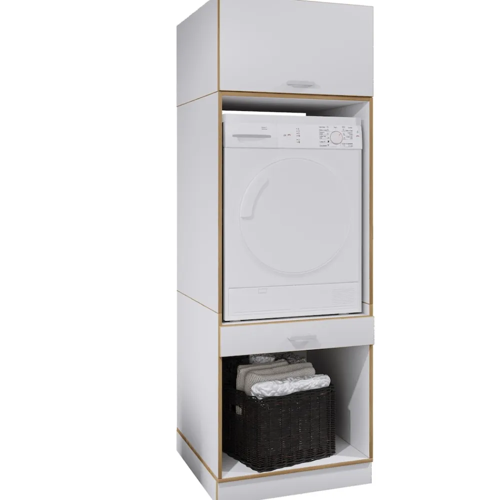 Waschmaschinenschrank mit Unterschrank, Waschmaschinenumbau mit Stauraum hinter einer Klappe und einer Schublade, Maße: Überbauschrank H. 200 x B. 67 x T. 68 cm, Rislo OP XXL ^ VCM Hot