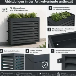 Verkleidung für Klimaanlage/Wärmetauscher -O43 mit Pflanzkasten, Abdeckung, Metall 118x124x65cm ~ anthrazit ^ MCW Outlet
