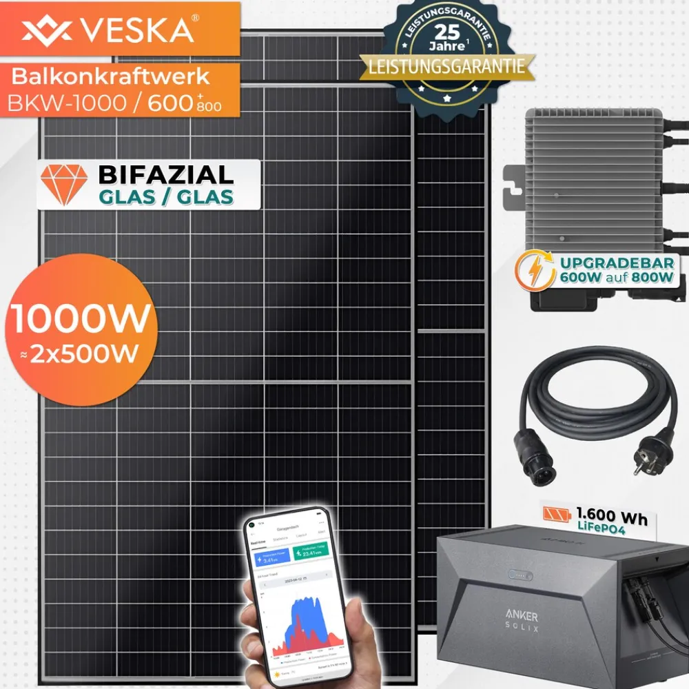 ® Balkonkraftwerk 1000W/600+800W Bifazial und 1,6 kWh Batteriespeicher ^ Veska Discount