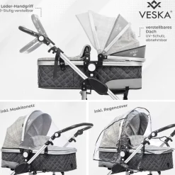 Veska ® 3 in 1 Kombi-Kinderwagen Buggy Reisebuggy inkl. Auto- Babyschale Jogger Faltbar - silber - anthrazit/grau