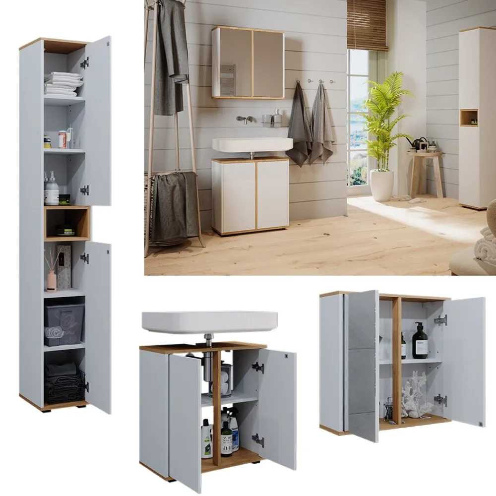 Badmöbel-Set Didi Weiß Eiche 3 Teile mit Hochschrank ^ Vicco Online