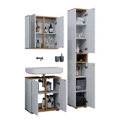 Badmöbel-Set Didi Weiß Eiche 3 Teile mit Hochschrank ^ Vicco Online