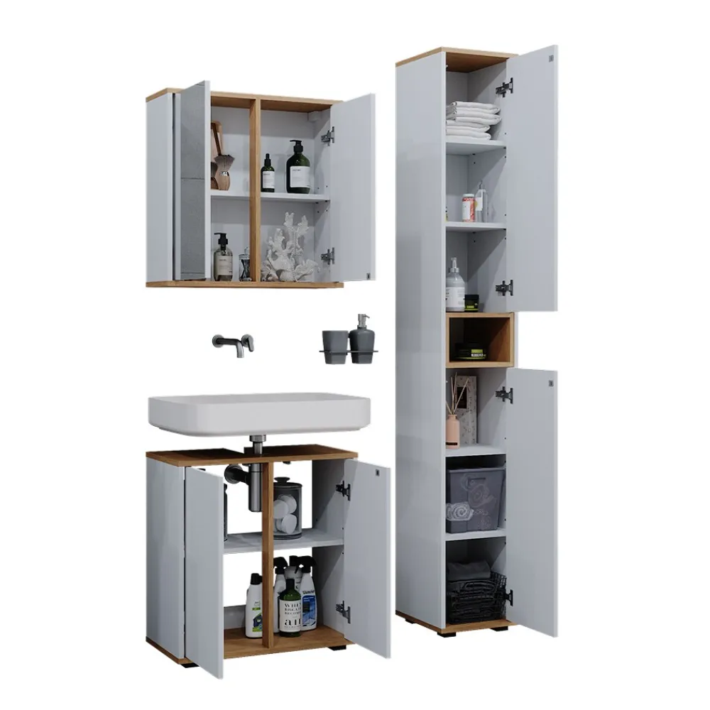 Badmöbel-Set Didi Weiß Eiche 3 Teile mit Hochschrank ^ Vicco Online