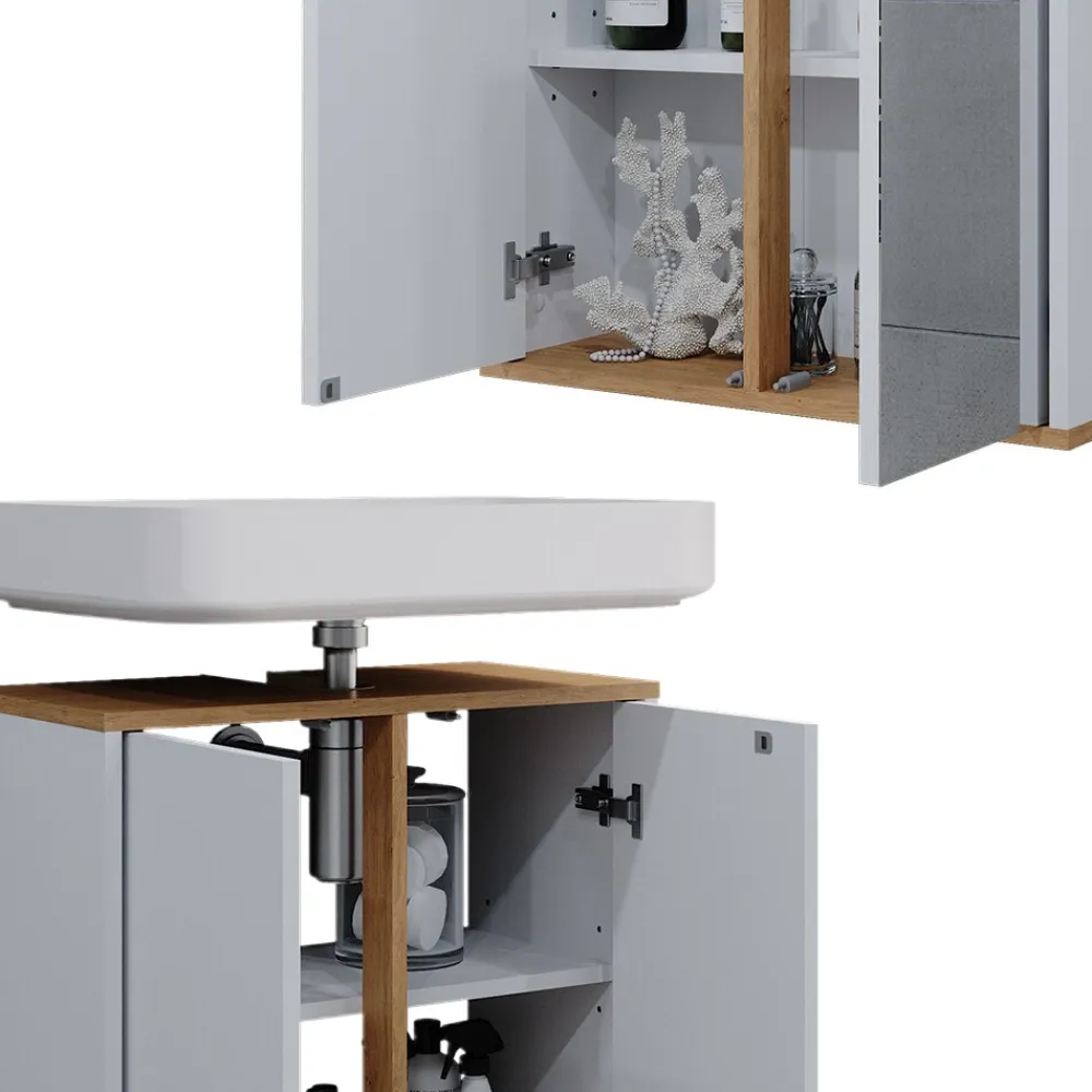 Badmöbel-Set Didi Weiß Eiche 3 Teile mit Hochschrank ^ Vicco Online