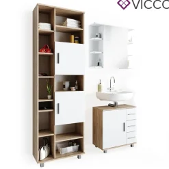 Badmöbel Set ILIAS Weiß Eiche Bad Spiegel Kommode Unterschrank Badschrank ^ Vicco Online