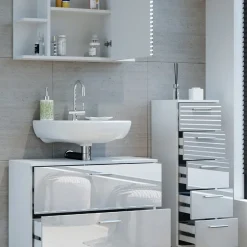 Badmöbel-Set Ilias Weiß Hochglanz modern Waschtischunterschrank Spiegelschrank Midischrank ^ Vicco Outlet