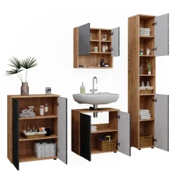 Badmöbel-Set Irma Eiche Anthrazit 4-teilig Hochschrank Kommode ^ Vicco Discount