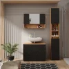 Badmöbel-Set Irma Eiche Anthrazit 3-teilig Hochschrank Waschbeckenschrank 80 cm ^ Vicco