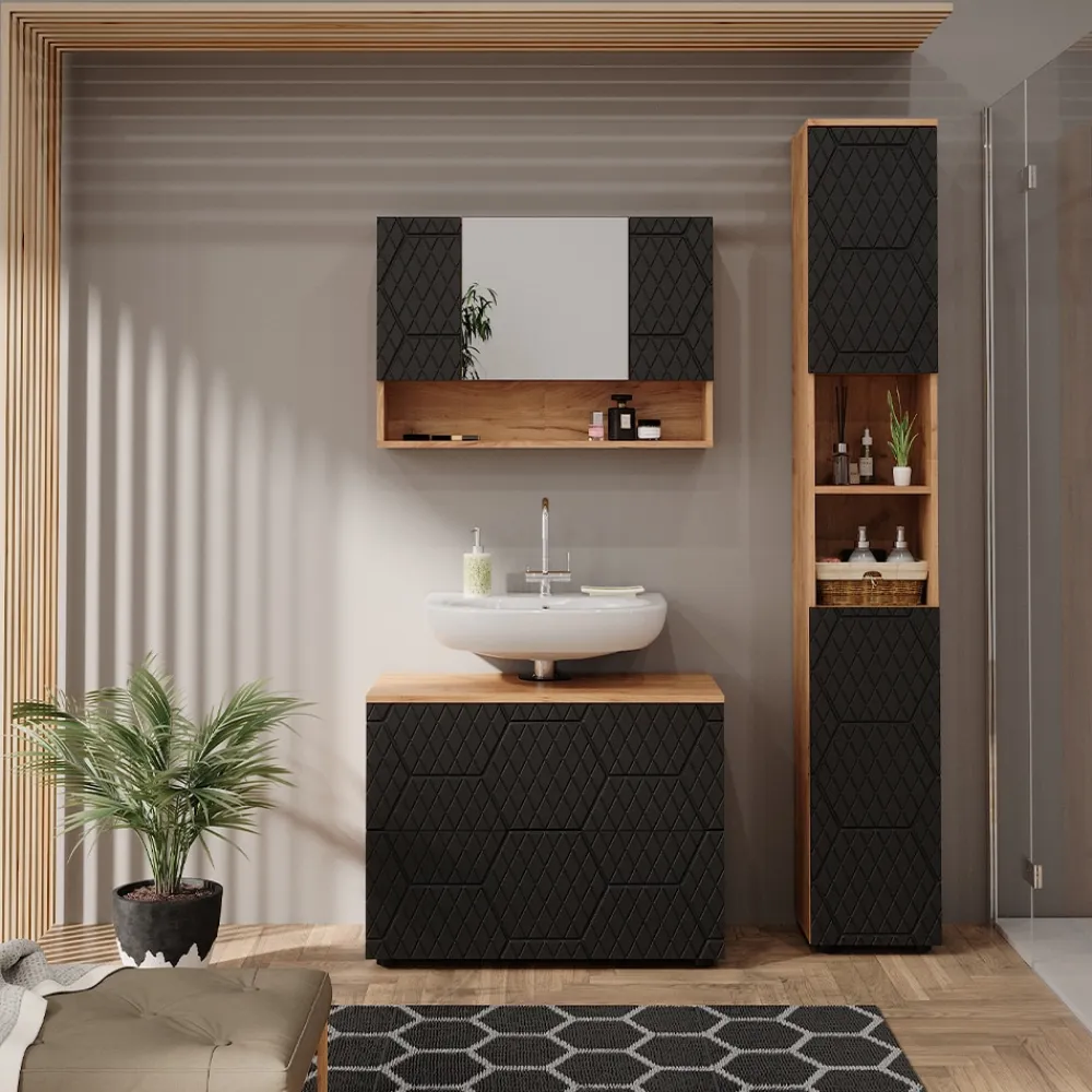 Badmöbel-Set Irma Eiche Anthrazit 3-teilig Hochschrank Waschbeckenschrank 80 cm ^ Vicco