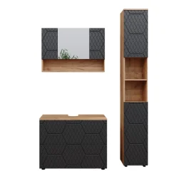 Badmöbel-Set Irma Eiche Anthrazit 3-teilig Hochschrank Waschbeckenschrank 80 cm ^ Vicco