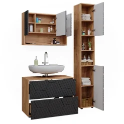 Badmöbel-Set Irma Eiche Anthrazit 3-teilig Hochschrank Waschbeckenschrank 80 cm ^ Vicco