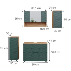 Badmöbel-Set Irma Eiche Grün 4-teilig Midischrank 81 cm Hängeschrank ^ Vicco New